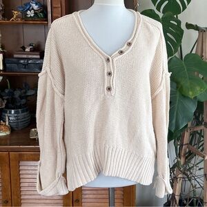 By Together Chunky Textured Cream Button Neck Knit Oversized Sweater S